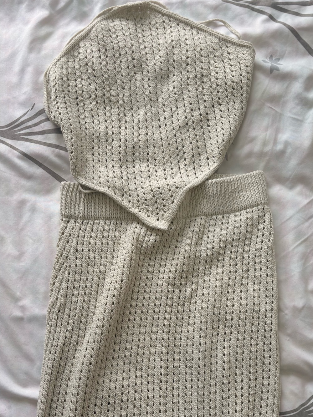 SHEIN Cream Openwork Knit Two-Piece Skirt Set